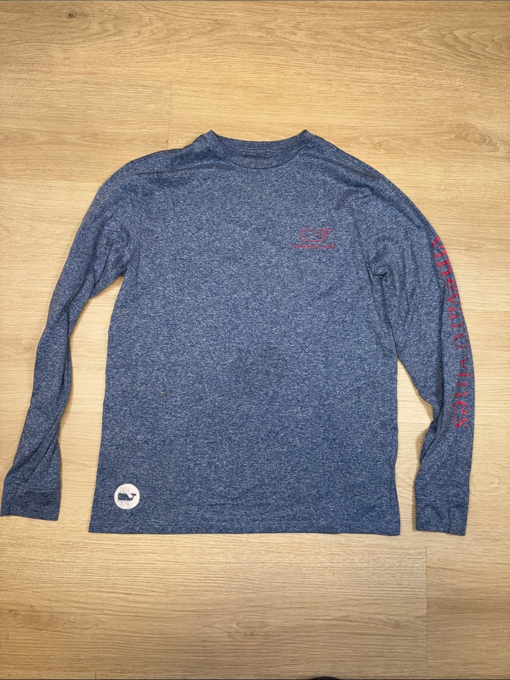 Vineyard Vines Performance Heathered Navy Blue Long Sleeve Tee Red Whale Accents